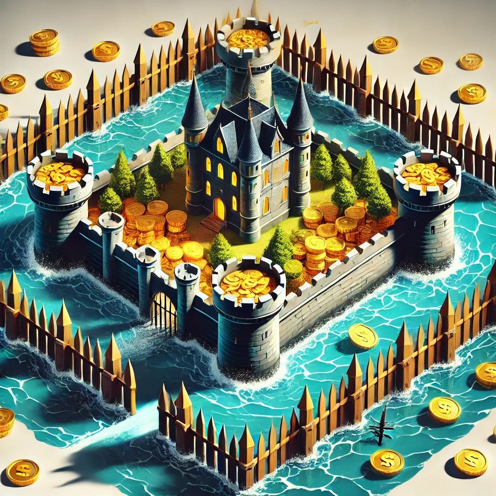 A visually striking illustration of a castle surrounded by a wide, fortified moat filled with water, symbolizing protection and strength. The castle represents a successful business, with golden coins and treasures inside, signifying profits. The moat is depicted as deep and wide, with barriers like spiked wooden stakes and lush greenery around, emphasizing its role as a defense against competition. The sky is clear and bright, evoking stability and prosperity.